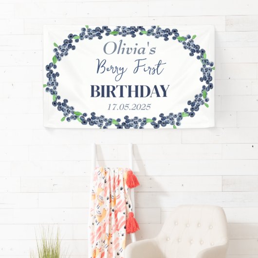 1e Eerste Verjaardagsfeestje Blueberry Baby Meisje Spandoek (Insitu)