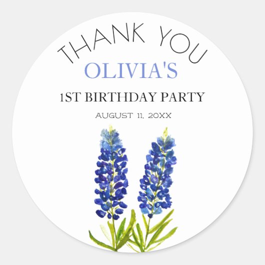 1e Eerste Verjaardagsfeestje Bluebonnets Baby Meis Ronde Sticker (Voorkant)