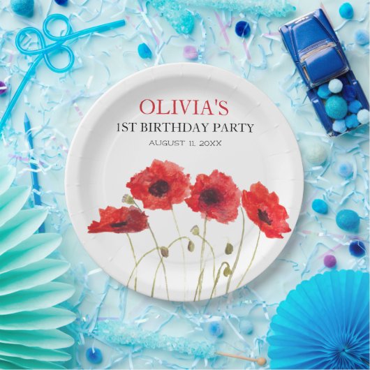 1e Eerste Verjaardagsfeestje Poppies Baby Meisje Papieren Bordje (Feest)