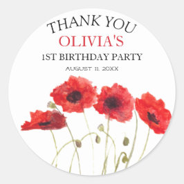 1e Eerste Verjaardagsfeestje Poppies Baby Meisje Ronde Sticker