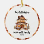 1e Feestdagen Nieuw Huis Sinaasappel Bruin Gingham Keramisch Ornament (Voorkant)