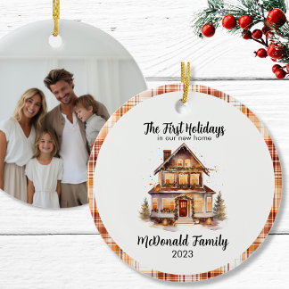 1e Feestdagen Nieuw Huis Sinaasappel Bruin Gingham Keramisch Ornament