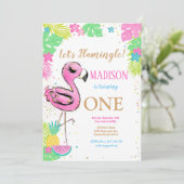 1e Flamingo Verjaardag uitnodiging (Staand voorkant)