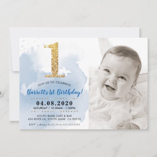 1E FOTO VERJAARDAGSFEEST UITNODIGEN goud glitter b Kaart (Voorkant)