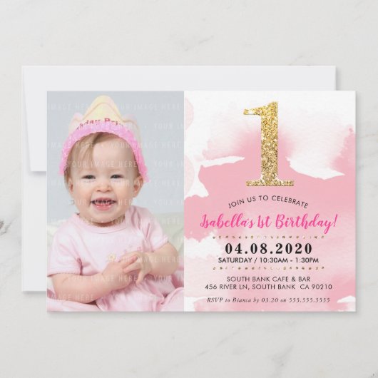 1E FOTO VERJAARDAGSFEESTJE UITNODIGEN goud glitter Kaart (Voorkant)