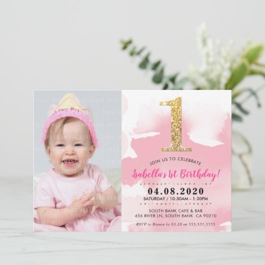 1E FOTO VERJAARDAGSFEESTJE UITNODIGEN goud glitter Kaart (Staand voorkant)