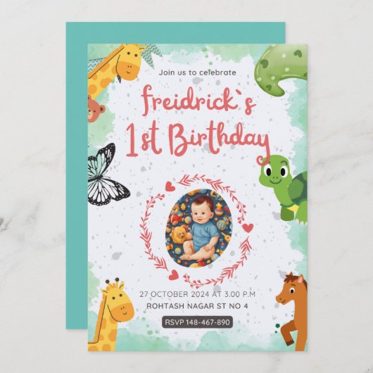 1e geboorte blauw groen blauw water kleur kaart (Voorkant / Achterkant)