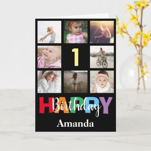 1e Gelukkige Verjaardag Fotocollage Moderne Zwarte Kaart (Gele Bloem)