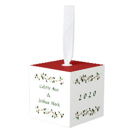 1e getrouwde Kerst Holly Rood en Groen Vakantie Kubus Ornament