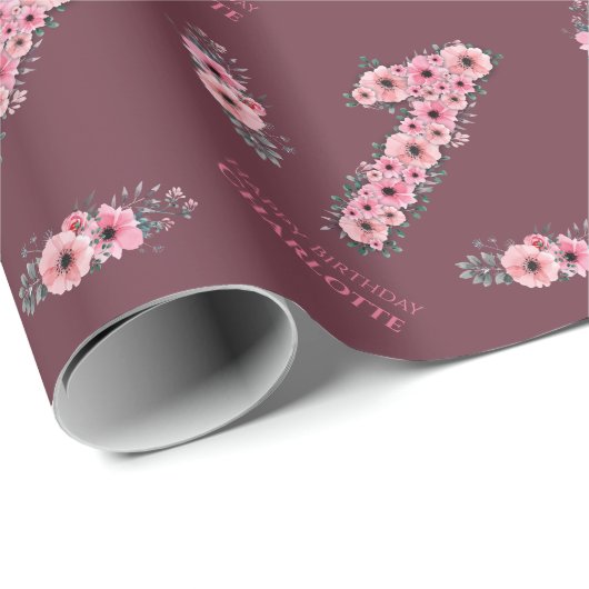 1e grote bruidsdag meisje roze bloemen groene olie cadeaupapier (Rol Hoek)