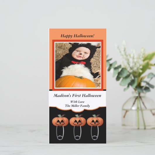 1e Halloween Pompoen Luierspelden Foto Kaart (Staand voorkant)