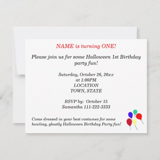 1e Halloween verjaardagsfeest uitnodigingen ELKE L (Achterkant)