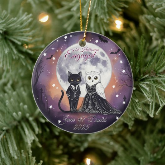 1e Halloween verloofde kat uil met naam Keramisch Ornament (Boom)