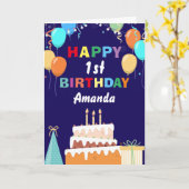 1e Happy Birthday Colorful Balloon Cake Navy Blue Kaart (Gele Bloem)
