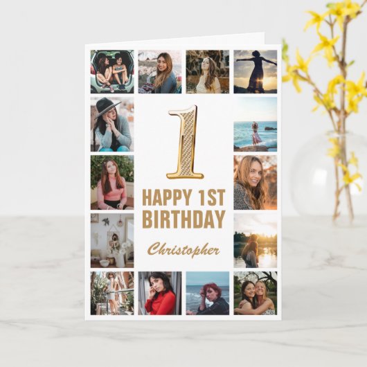 1e Happy Birthday Gold en White Photo Collage Kaart (Gele Bloem)