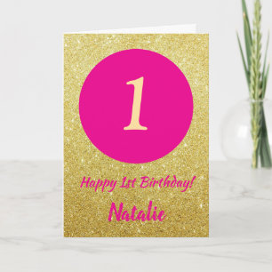 1e Happy Birthday Hot Pink en Gouden Glitter Kaart