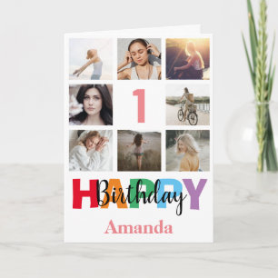 1e Happy Birthday Photo Collage Modern Pink Kaart