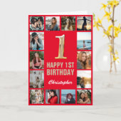 1e Happy Birthday Red en Gold Photo Collage Kaart (Gele Bloem)