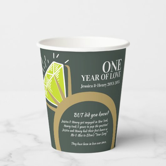 1e huwelijksdag groene ring leuke feiten papieren bekers (Achterkant)