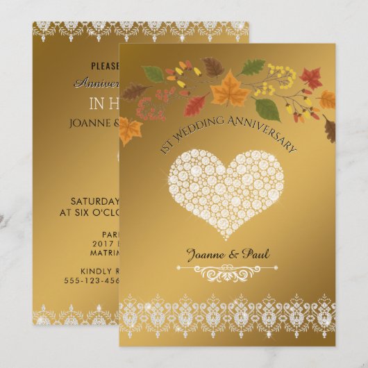 1e huwelijksjubileumfeest gouden herfstbladeren kaart (Voorkant / Achterkant)