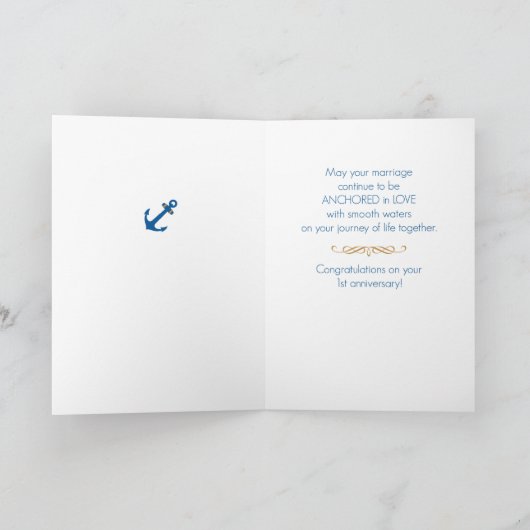 1e huwelijksverjaardag, aangepaste naam, marinebla kaart (Binnen)
