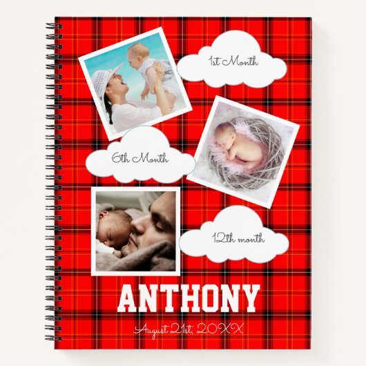 1e jaar Baby Milestone Red Tartan Photo Album Notitieboek (Voorkant)