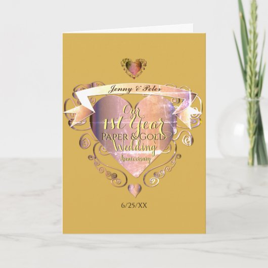 1e jaar bruiloft Jubileum papier en gouden hart Kaart (Voorkant)