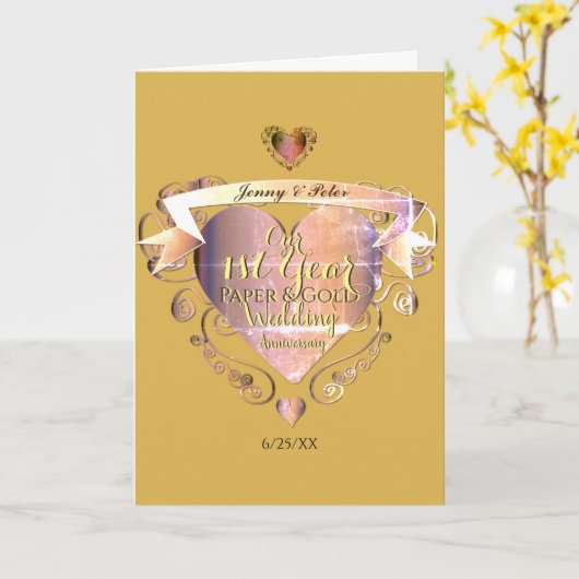 1e jaar bruiloft Jubileum papier en gouden hart Kaart (Gele Bloem)