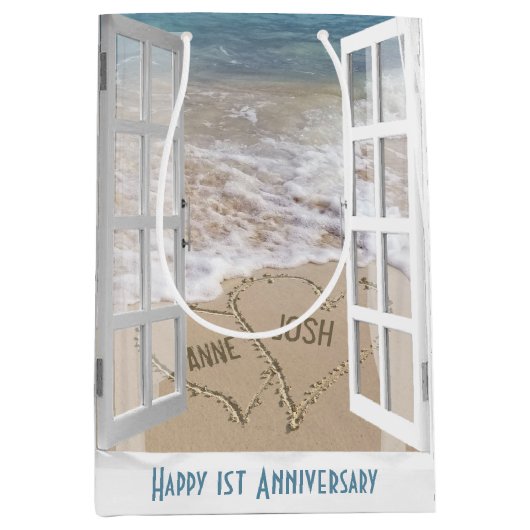 1e Jubileum Beach Hearts Medium Gift Bag Medium Cadeauzakje (Voorkant)