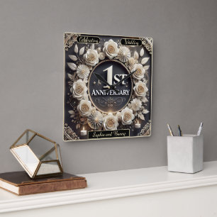 1e Jubileum Elegante Floral Design Mijlpalen Vierkante Klok