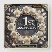 1e Jubileum Elegante Floral Design Mijlpalen Vierkante Klok (Voorkant)