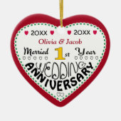 1e Jubileum Gift Hartvormige Kerst Keramisch Ornament (Voorkant)