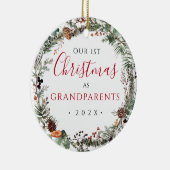 1e kerst als grootouders Bloemenkrans Foto Keramisch Ornament (Rechts)