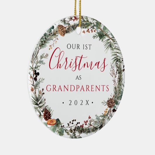 1e kerst als grootouders Bloemenkrans Foto Keramisch Ornament (Rechts)