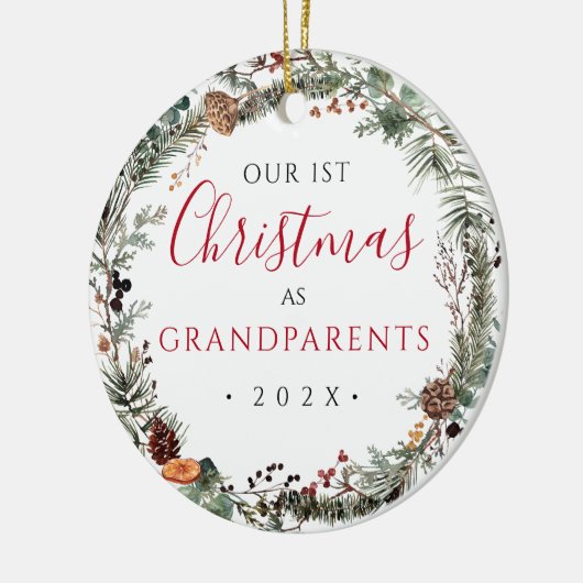 1e kerst als grootouders Bloemenkrans Foto Keramisch Ornament (Links)