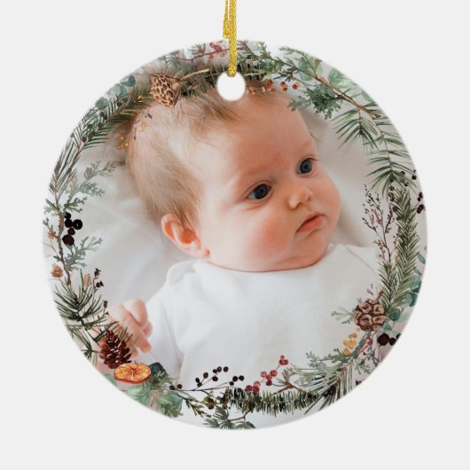 1e kerst als grootouders Bloemenkrans Foto Keramisch Ornament (Achterkant)