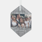1e kerst als Mr & Mrs · 3 Foto Grijs Faux Wood Glas Ornament (Voorkant links)