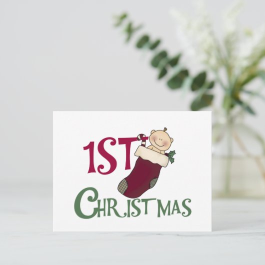 1e kerst-Baby in Stocking Feestdagenkaart (Staand voorkant)