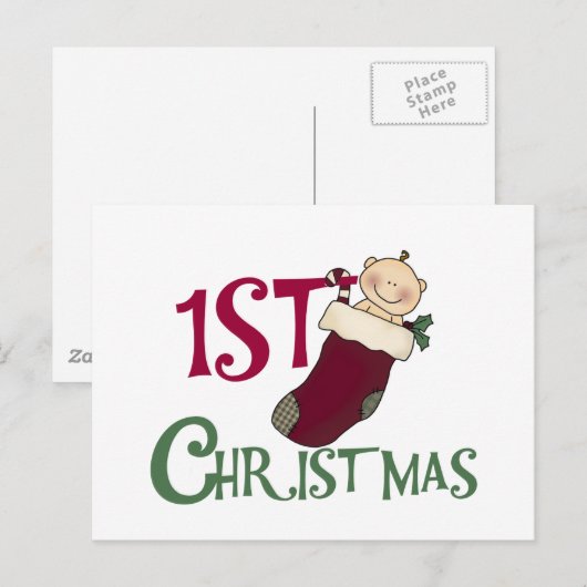 1e kerst-Baby in Stocking Feestdagenkaart (Voorkant / Achterkant)