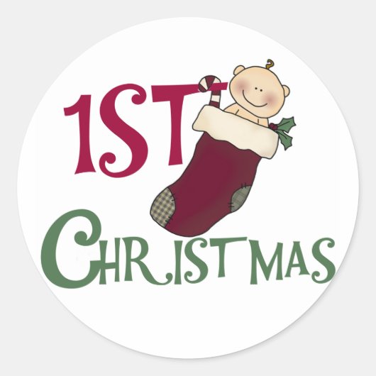 1e kerst-Baby in Stocking Ronde Sticker (Voorkant)