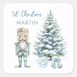 1e Kerst Blauwe Notenkraker Snowy Tree Vierkante Sticker