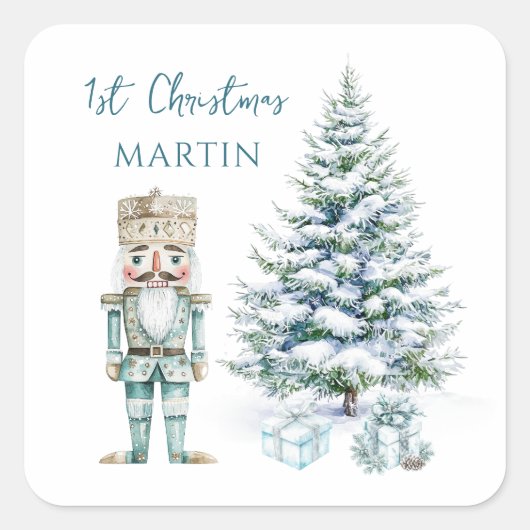 1e Kerst Blauwe Notenkraker Snowy Tree Vierkante Sticker (Voorkant)