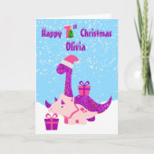 1e kerst dinosaurus Paarse gepersonaliseerd Kaart (Voorkant)