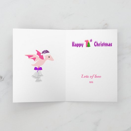 1e kerst dinosaurus Paarse gepersonaliseerd Kaart (Binnen)