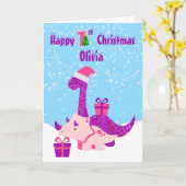 1e kerst dinosaurus Paarse gepersonaliseerd Kaart (Gele Bloem)