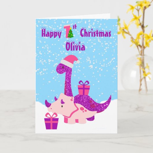 1e kerst dinosaurus Paarse gepersonaliseerd Kaart (Gele Bloem)