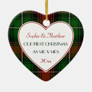 1e Kerst Getrouwd Gifts-Red Green Plaid Keramisch Ornament