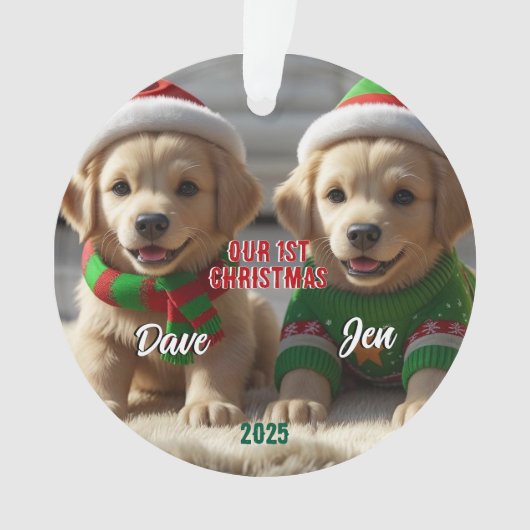1e Kerst Golden Retriever Gepersonaliseerd Ornament (voorkant)