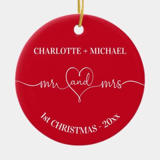 1e kerst nieuw onkruid namen hart rood wit keramisch ornament (Voorkant)