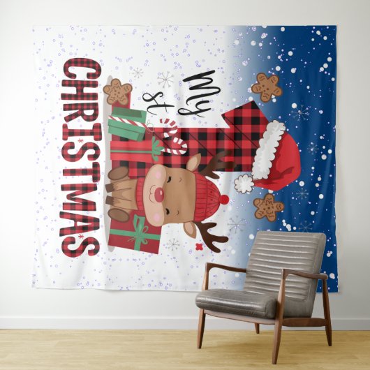 1e kerst Santa-hoed Witte Sneeuw Baby Rendier Wandkleed (In Situ (horizontaal))